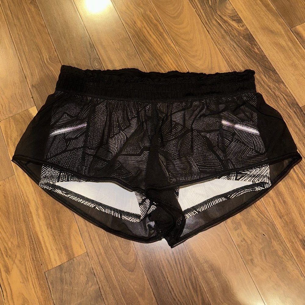 Lululemon City Sky Run By Black/White Dot Pattern Black Mesh Short Size 8